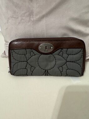 Fossil Gray Quilted Wallet with Brown Leather Trim